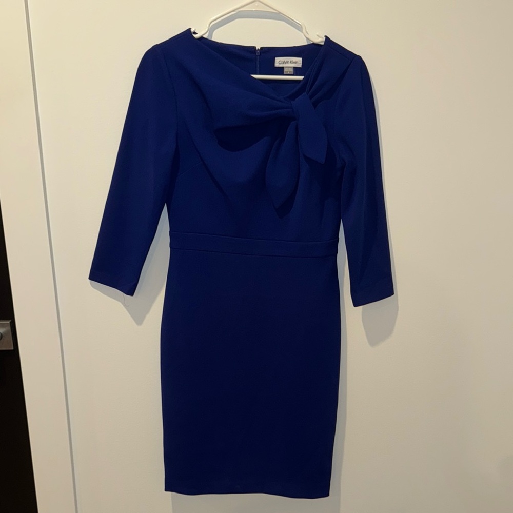 Calvin Klein Blue Sheath Dress with Cowl Neck and 3/4 Sleeves